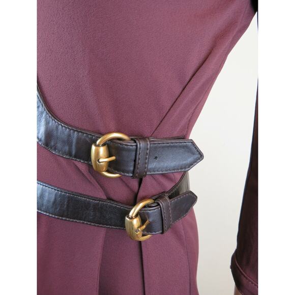 NEW GUCCI WOOL BURGUNDY LEATHER LONG SLEEVES GOLD BUCKLES BELTED DRESS 38 ITALY - Picture 3 of 12